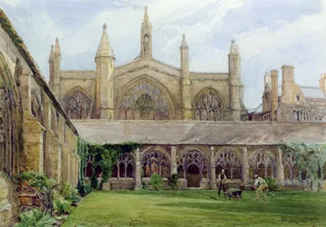 New College cloisters with gardener, 1887